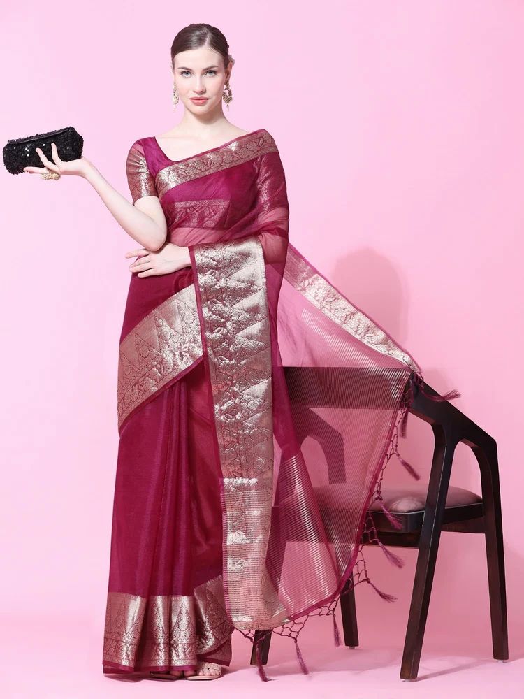 Ladies Organza Plain Wine Red Pure Silk Saree