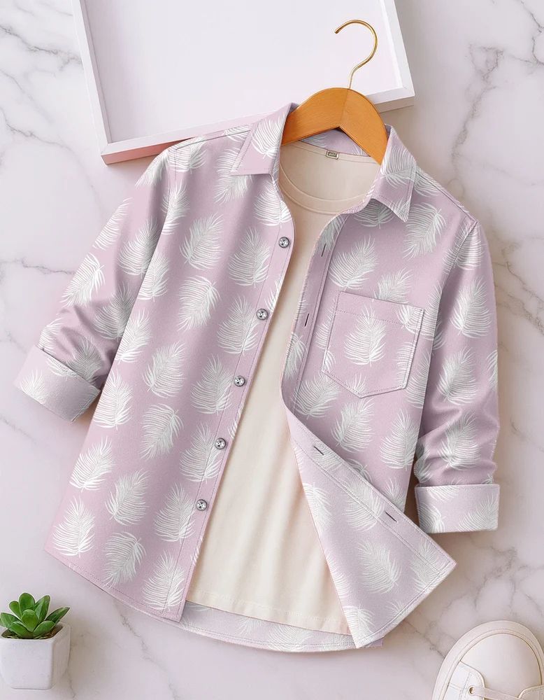Light Purple Men Rayon Leaf Print Shirt