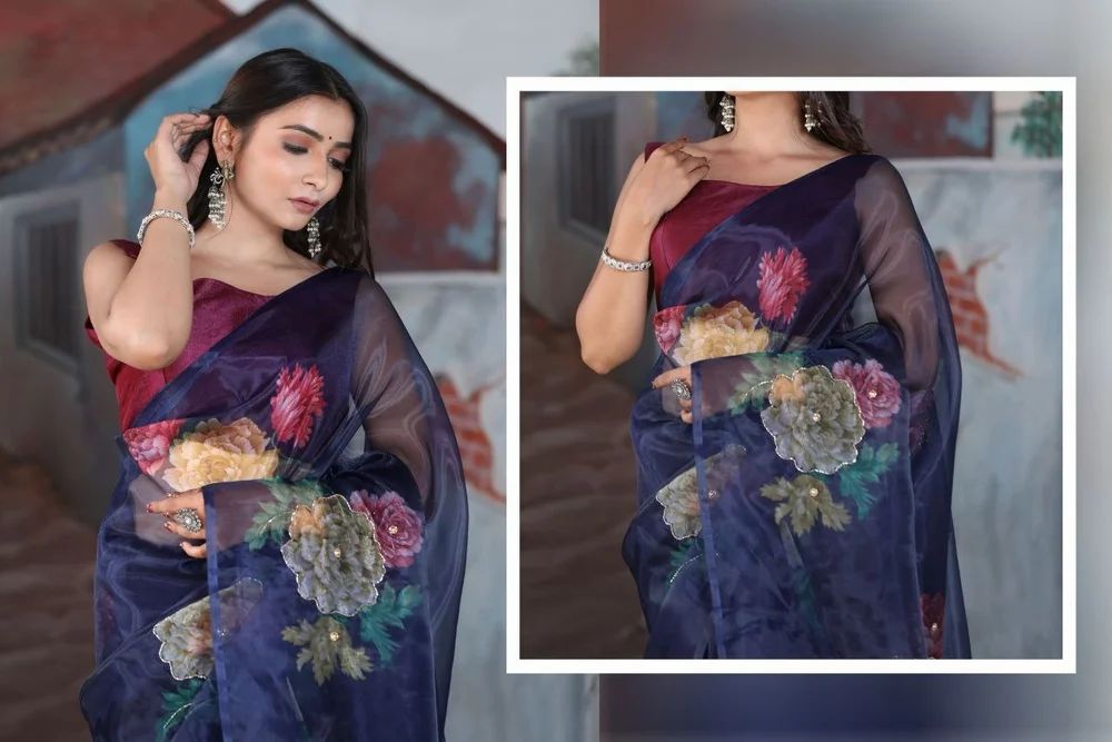 Blue Organza Handwork Saree