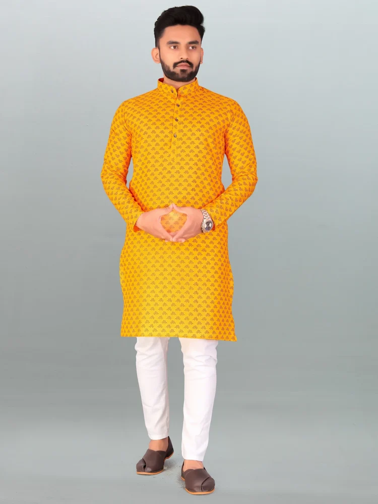 Men Yellow Cotton Blend Printed Kurta