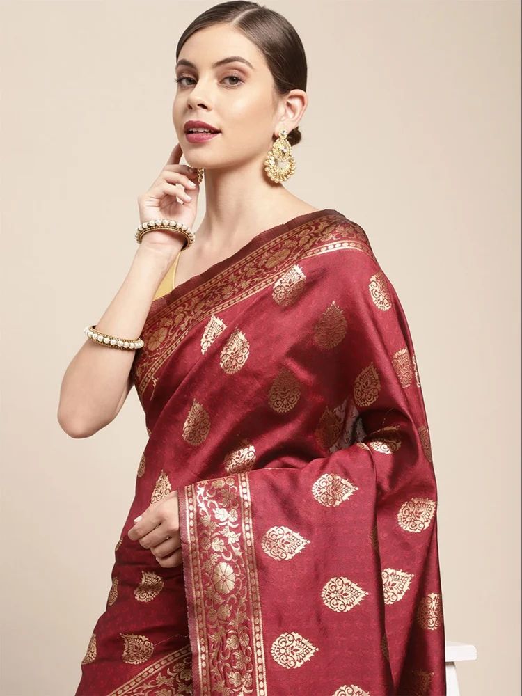 Maroon Silk Blend Jacquard Golden Zari Woven Floral Pattern Motifs Traditional