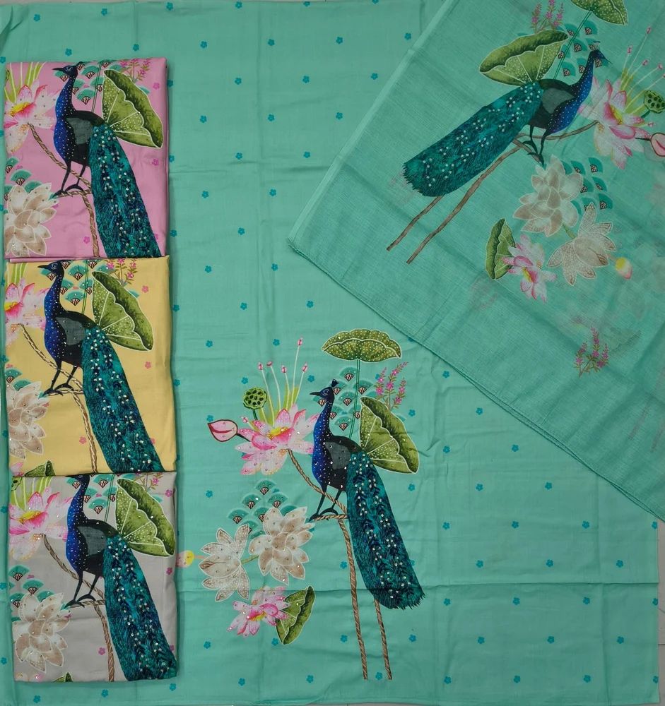 Ladies Peacock Print Unstitched Linen Suits
