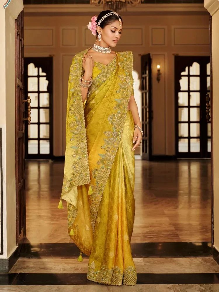 Ladies Pure Silk Mustard Heavy Thread Embroidery Festival Saree