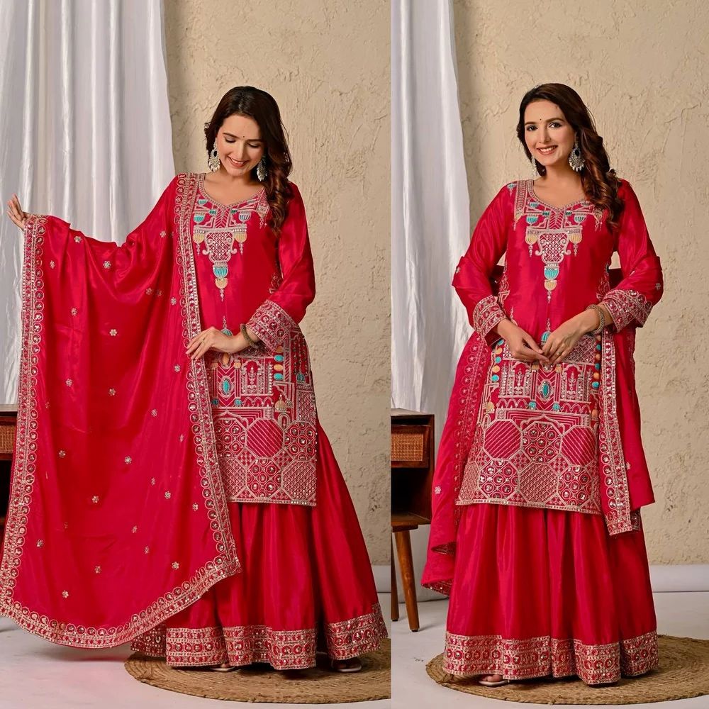 Traditional Chinon Silk Embroidered Sharara Suit