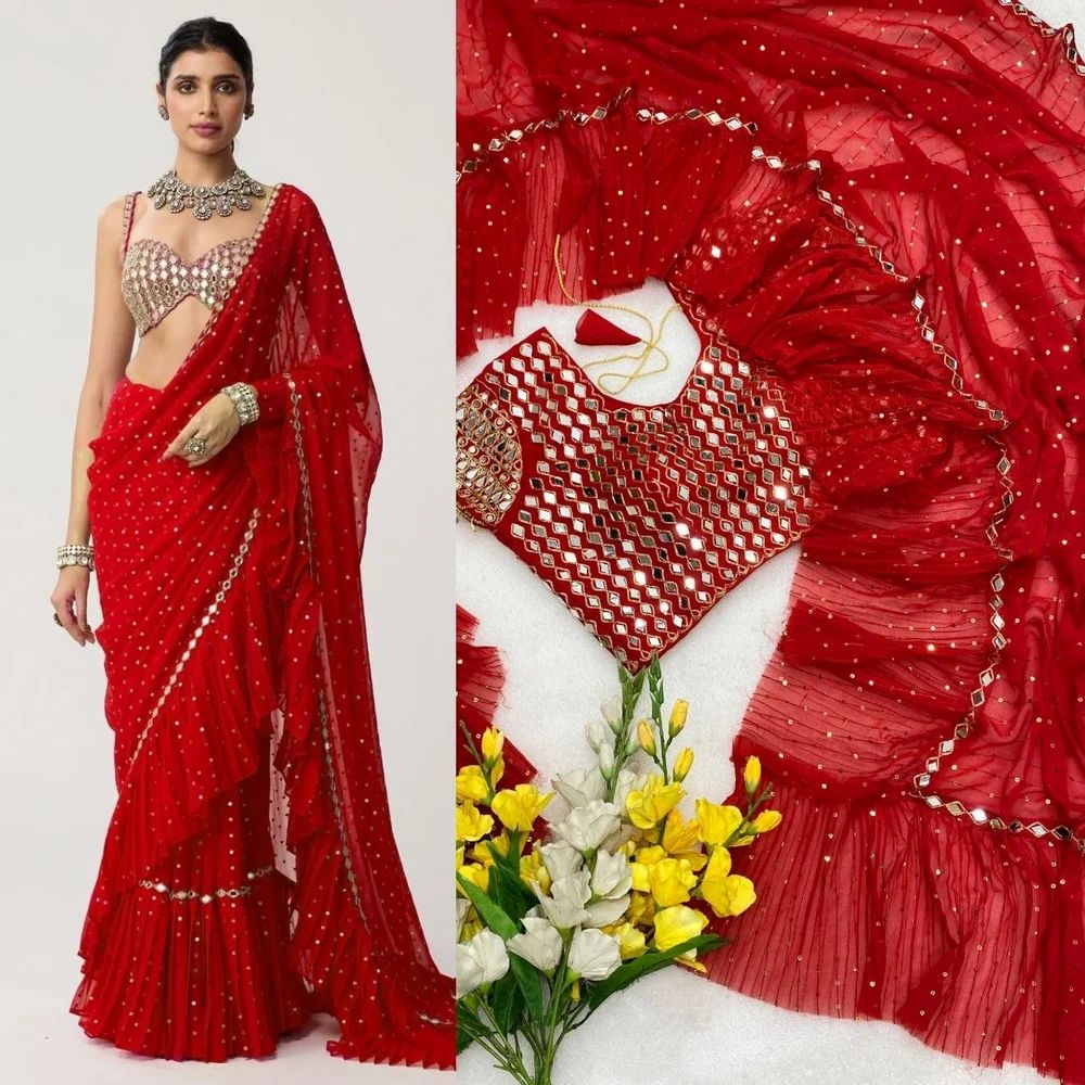 NEW BOLLYWOOD SUPERHIT DESIGN SEQUINS CRUSH PLEATED SAREE