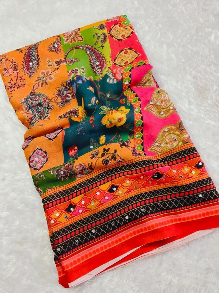 Heavy masakali crepe saree with rajgharana culture digital print and  mirror work