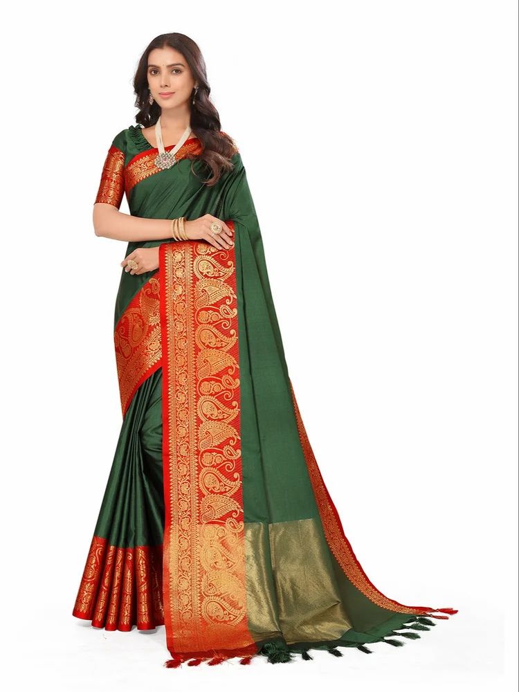 Banarasi Silk Blend Plain Solid Golden Zari Border Saree