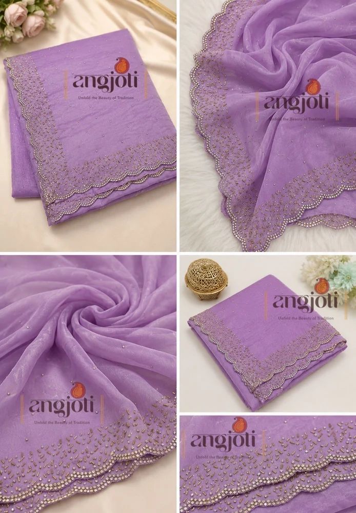 Embelished fendy satin saree, women jarkan(diamond) border saree