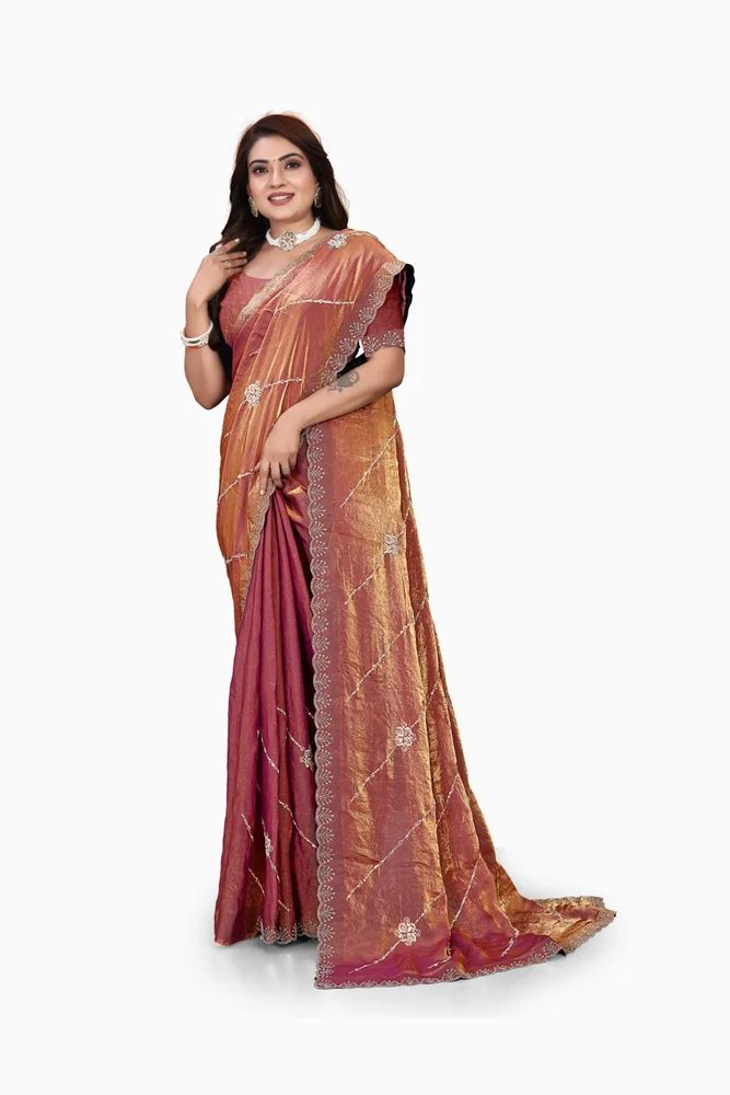 Rivore Women's Fendy Saree with Sequins & Beads Embroidery Work and Unstitched Blouse Piece