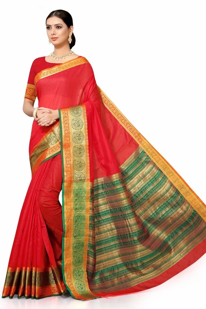 Leeza Store Women's Red Jacquard Silk Blend Golden Zari Saree