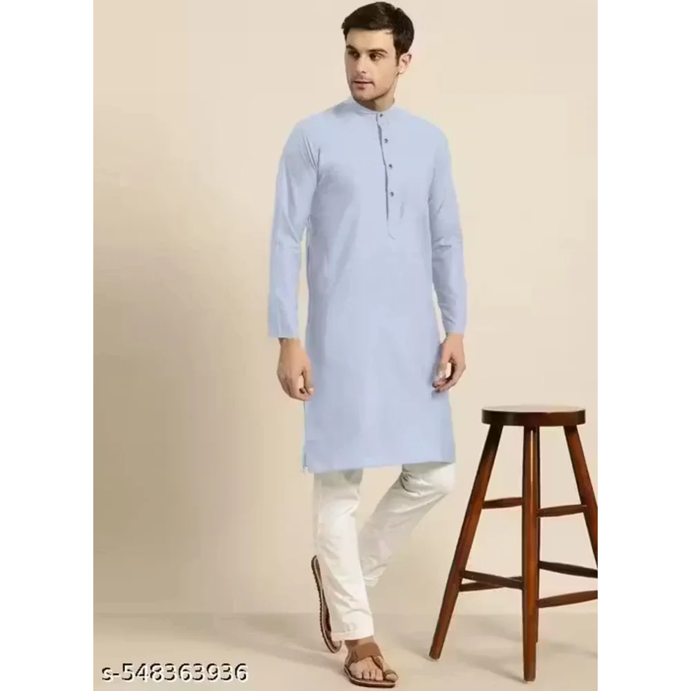 Men Sky Blue Cotton Blend Plain Kurta