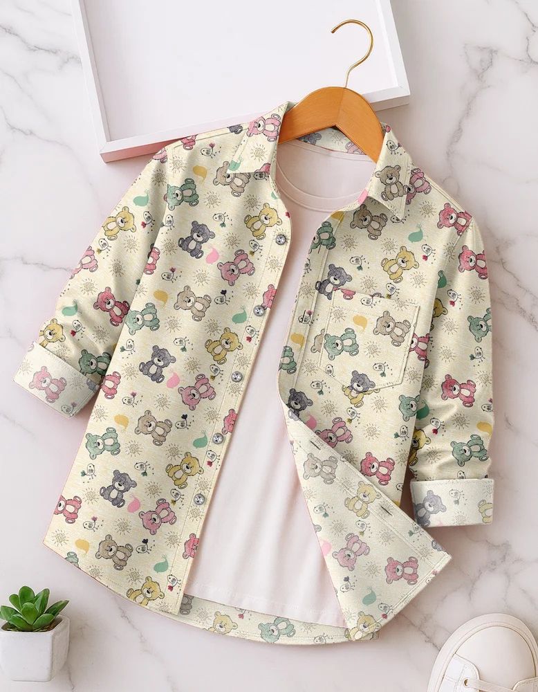 Cream Boys Rayon Teddy Bears Print Shirt