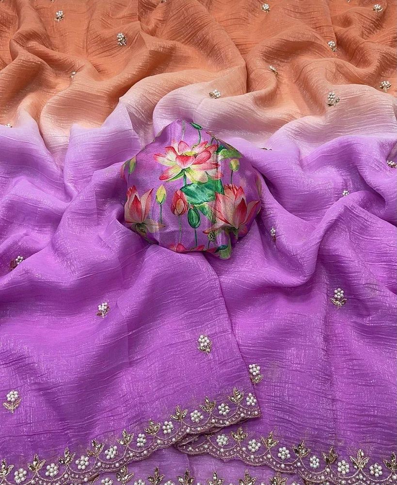 SHADED KANGAN CIFFON FLOWER EMBROIDEREDAND HAND MOTI WORK SAREE AT WHOLESALE PRICE