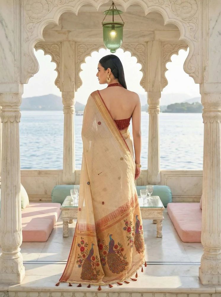 Cream Banarasi Style Jamdani Cotton Saree