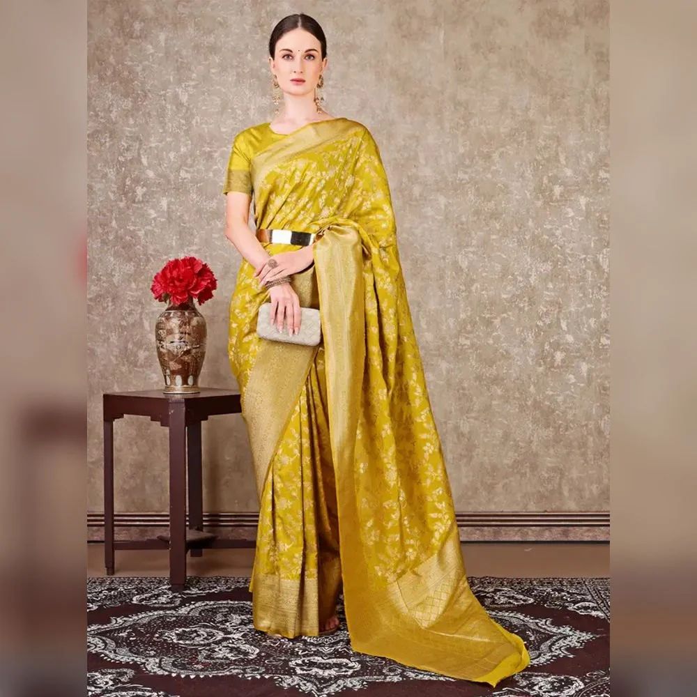 Ladies Silk Yellow Printed Bollywood Crepe Saree