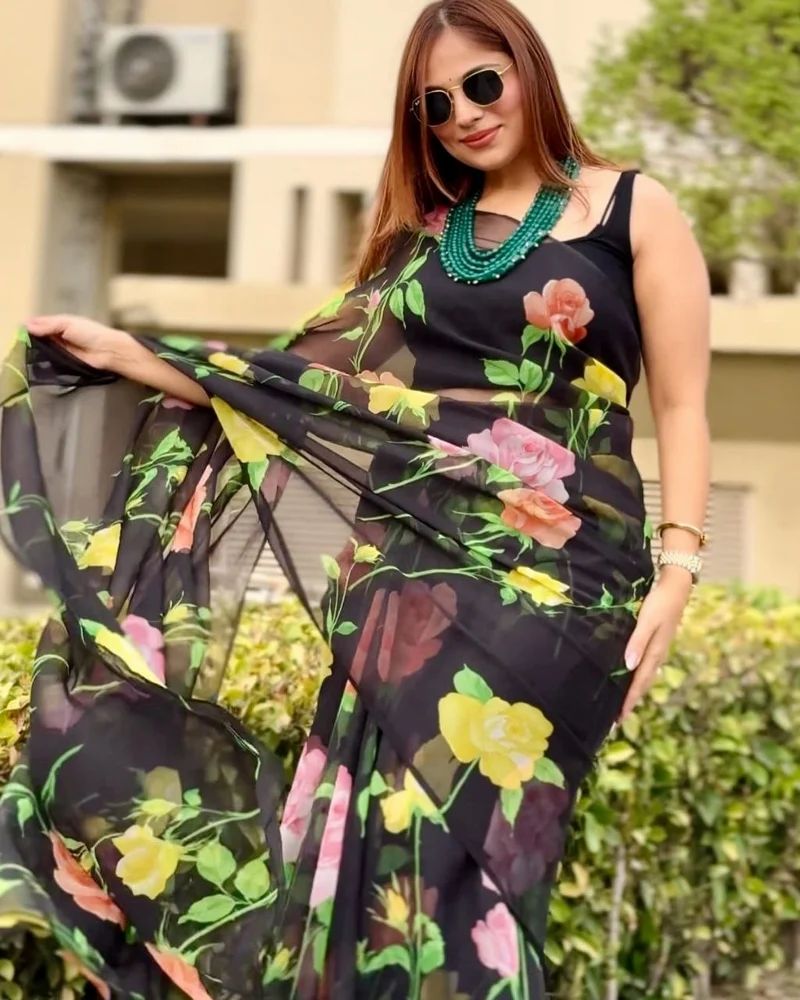 Dark Black Digital Print Georgette Saree