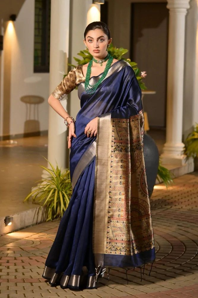 Mullai Tussar Silk Saree with Blouse Piece  Royal Blue with Golden Zari Border & Madhubani Pallu