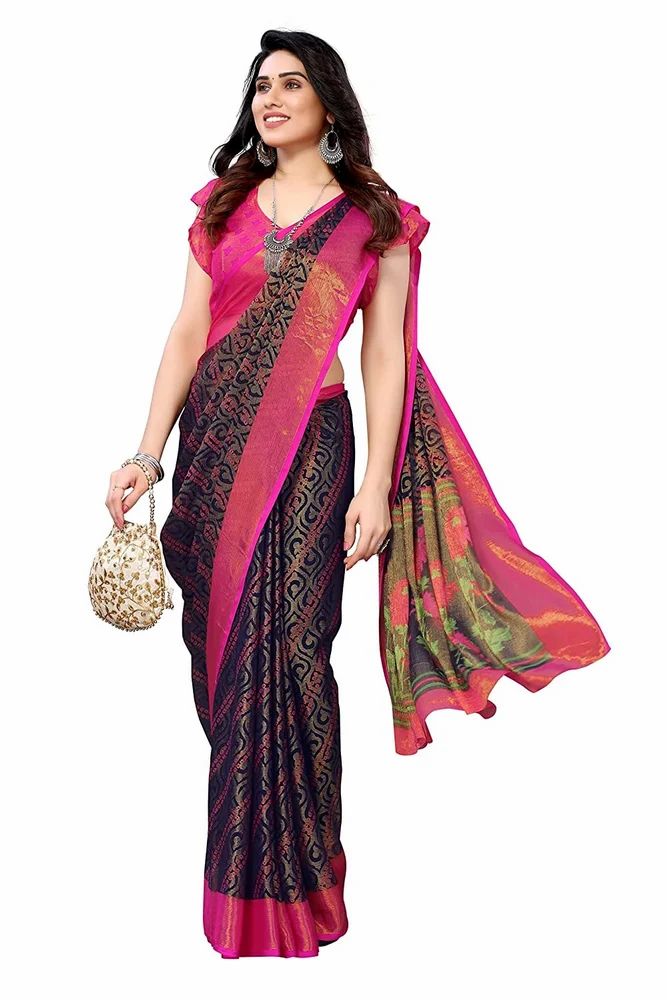Gold Toned Ethnic Motifs Printed Soft Chiffon Brasso Saree