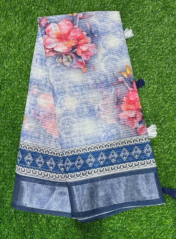 Printed Ink Blue Linen Cotton Saree