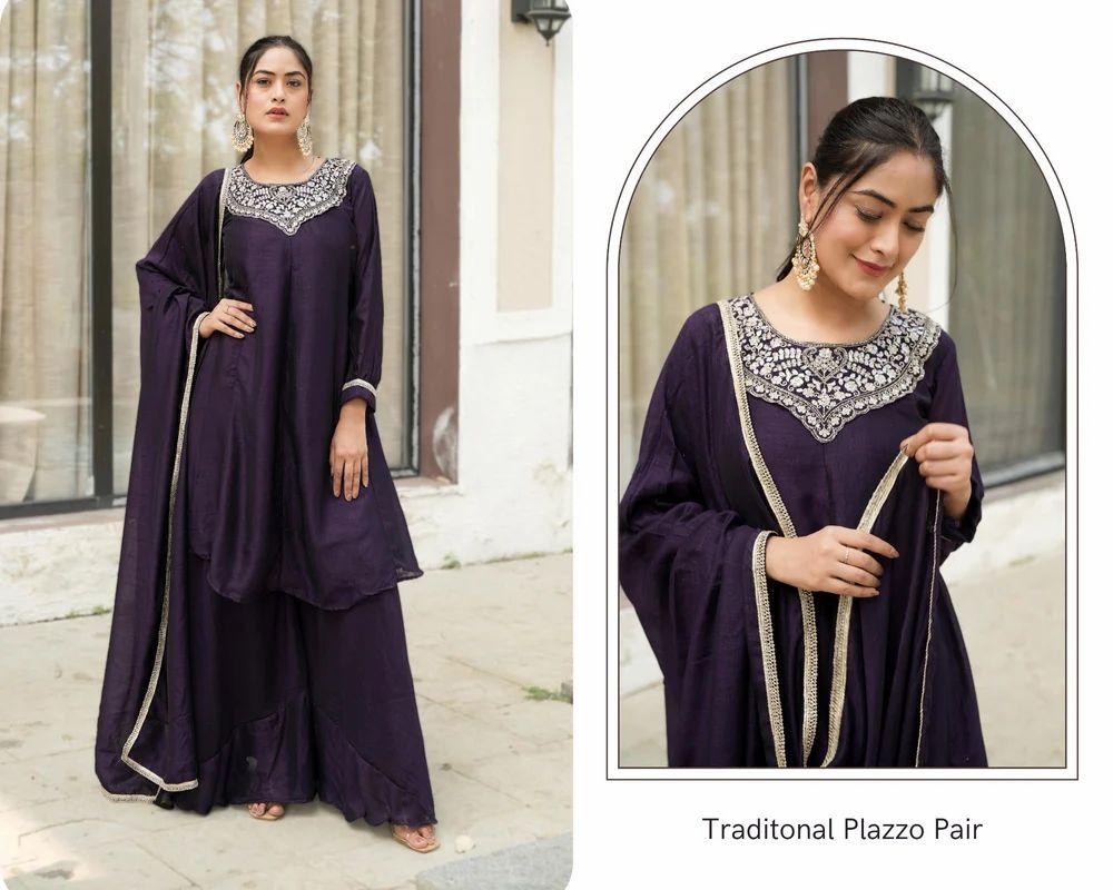 beautiful embroidery and sequin work suit with plazzo and dupatta