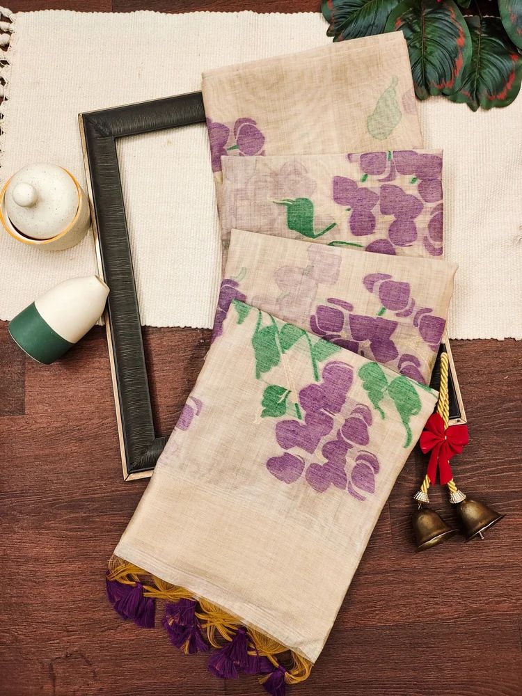 Premium soft muga Cotton saree in jamdani concept with contrast blouse