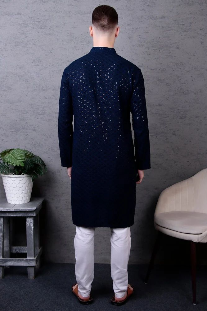 Men Navy Blue Kurta