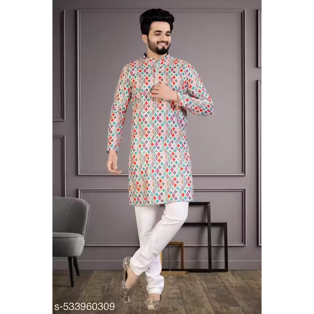 Men Light Green Cotton Blend Printed Kurta