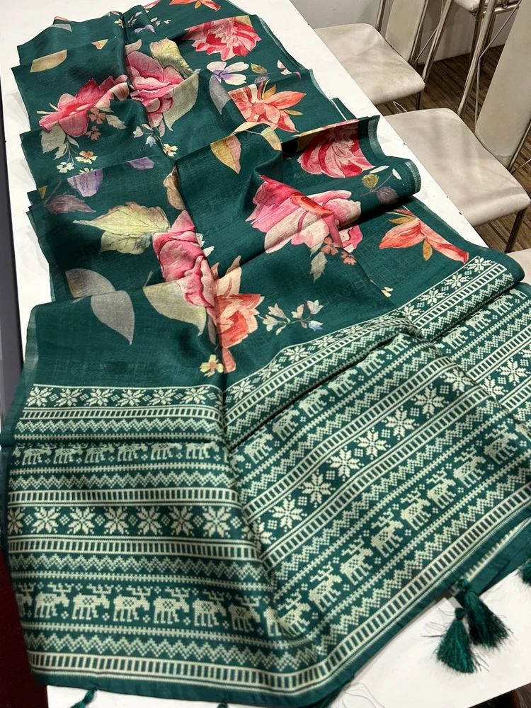 SEMI SOFT TUSSAR DIGITAL PRINT FLORAL DESIGN SAREE AT WHOLESALE PRICE
