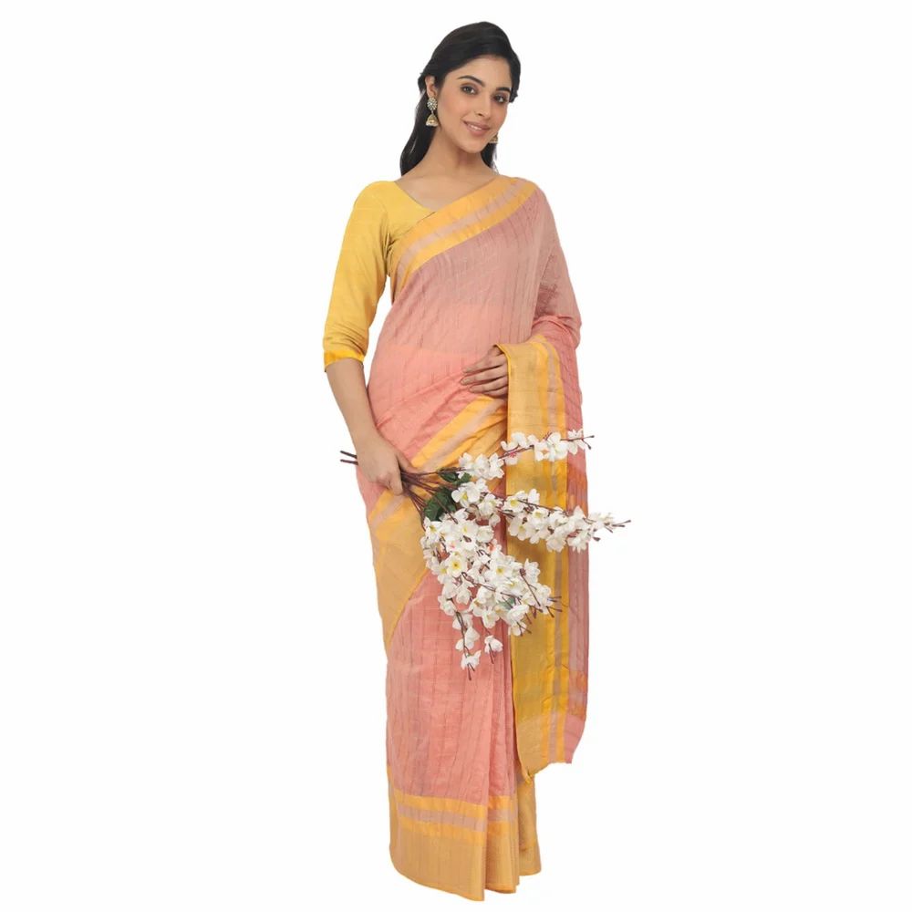 Leeza Store Women's Maheshwari Silk Blend Golden Zari Woven Checkered Pattern Saree