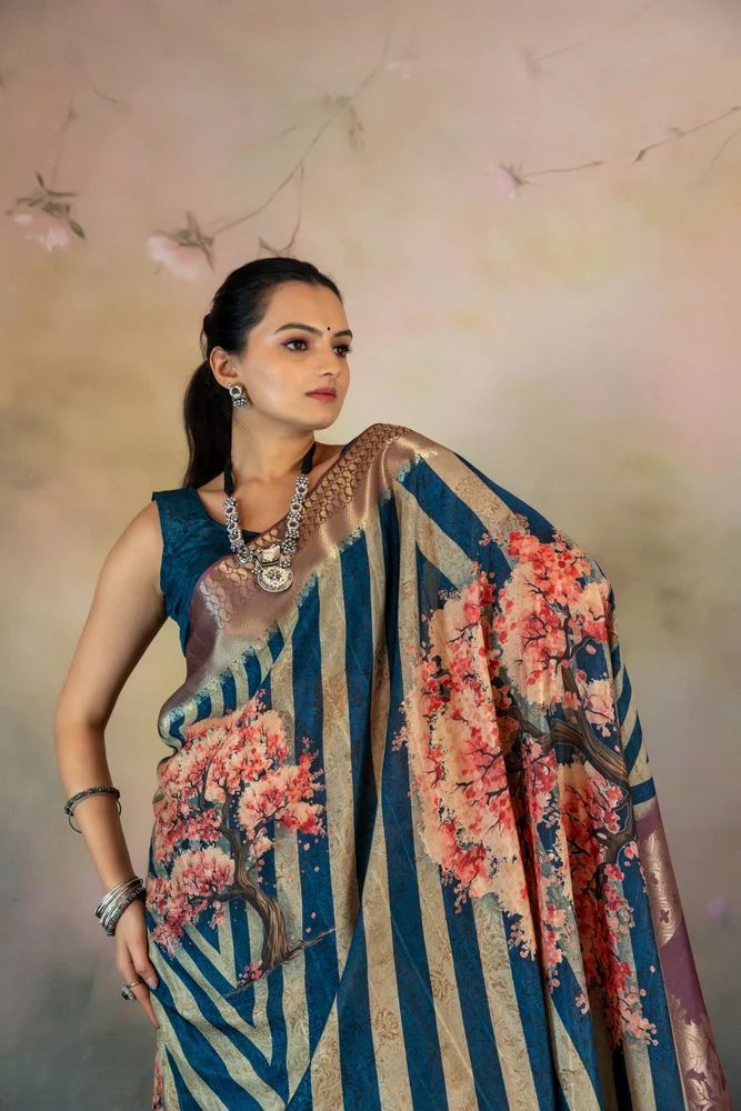 Cherry Blossom Tree Print Jacquard Saree