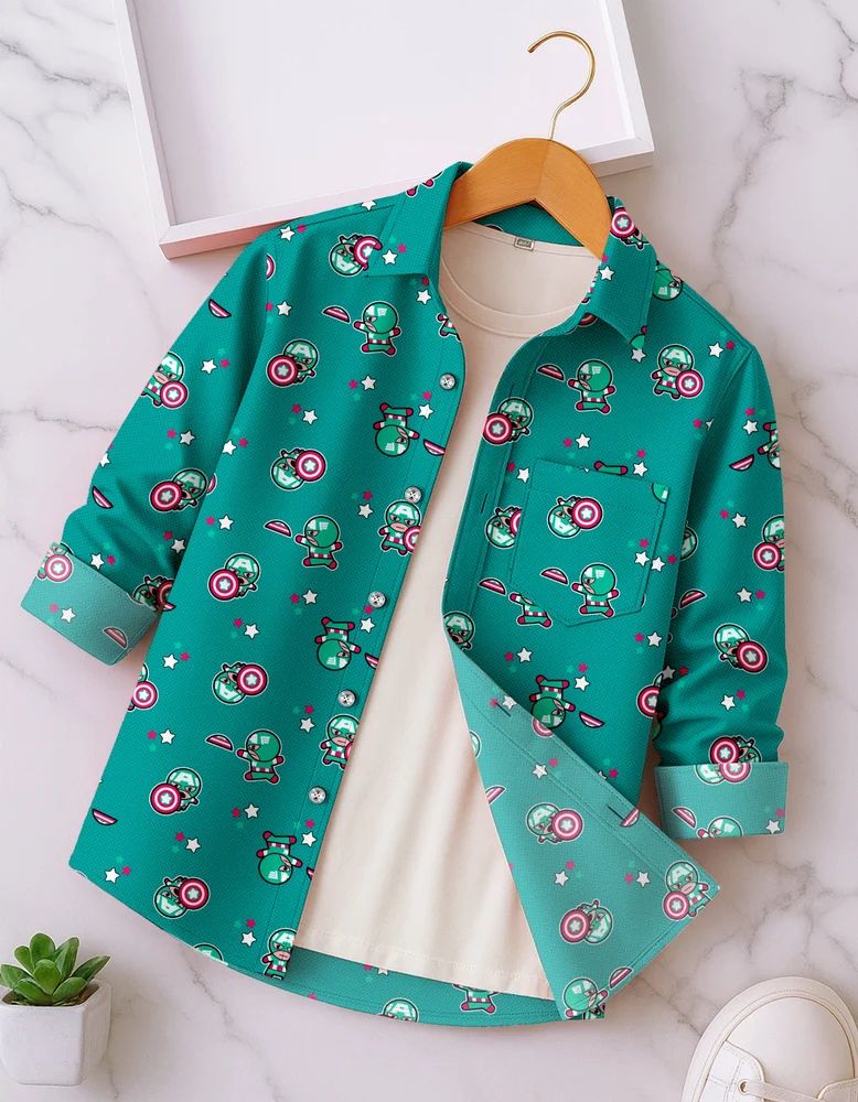 Turquoise Boys Rayon Cartoon Print Shirt