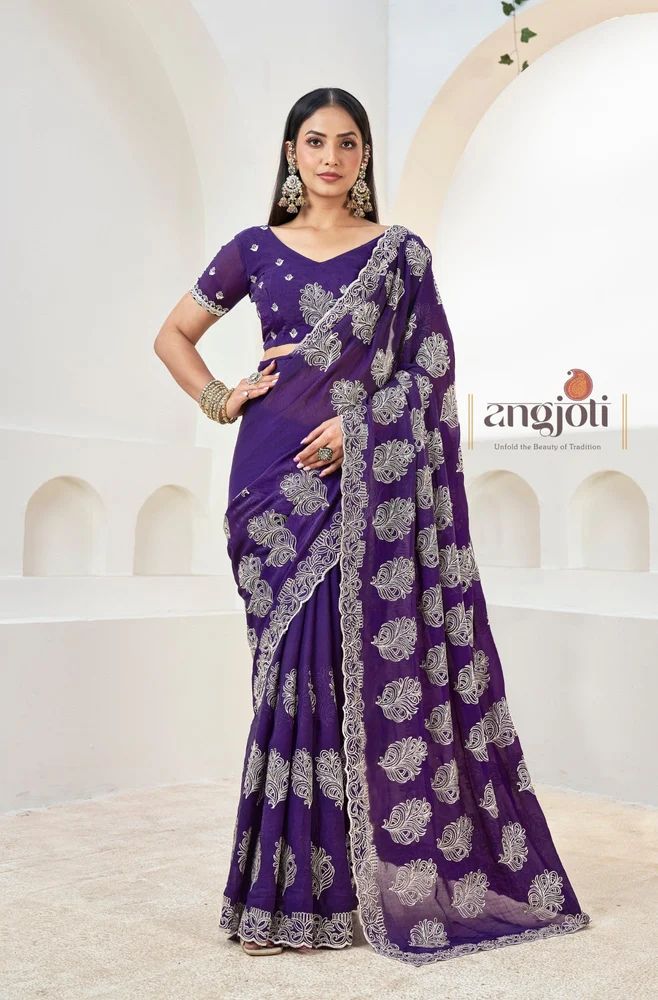 Designer Purple Embroidered and embelished Saree With Heavy Border Work