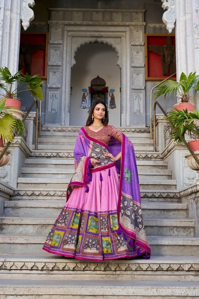TRENDY CULTURE'S Ethereal Kalamkari Foil Art Tasar Silk Lehenga