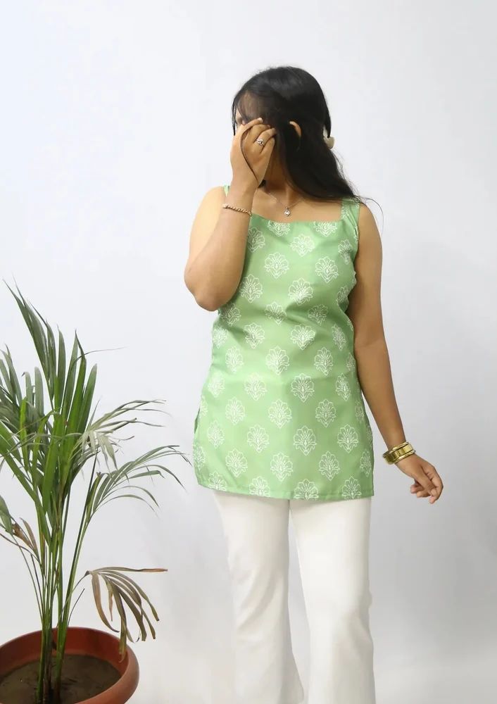 Light Green Printed Rayon Short Ladies Kurti