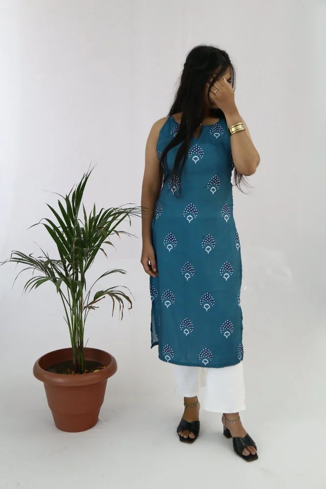 Teal Printed Rayon Ladies Kurti