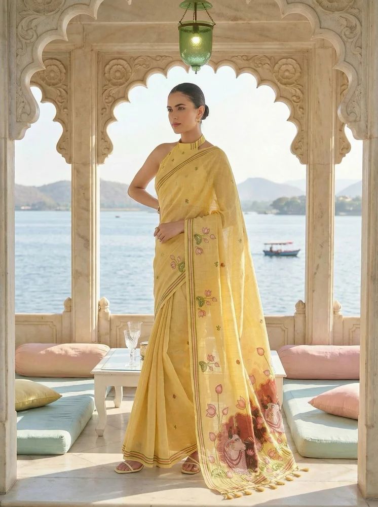 Yellow Pichwai Jamdani Cotton Saree