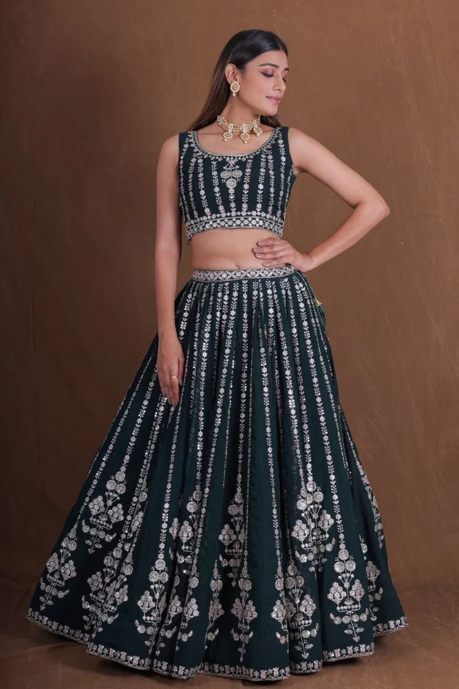 Bottel Green Georgette Thread Sequence Embroidery Work Bridal lehenga Choli Set