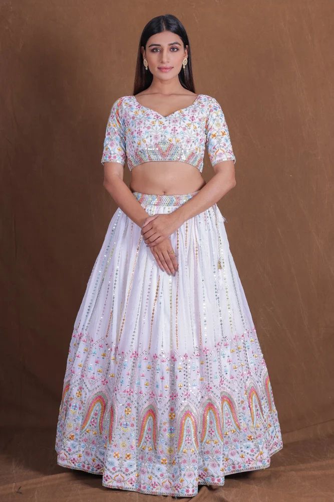 White Silk  Thread Sequence Embroidery Work Lehenga Choli Set