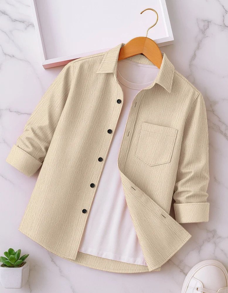 Beige Men Plain Cotton Shirt
