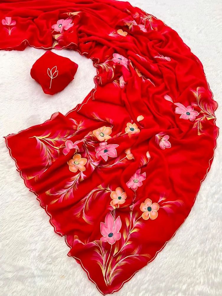 SOFT GEORGETTE FLORAL BRUSH PRINT RIBBON WORK SAREE