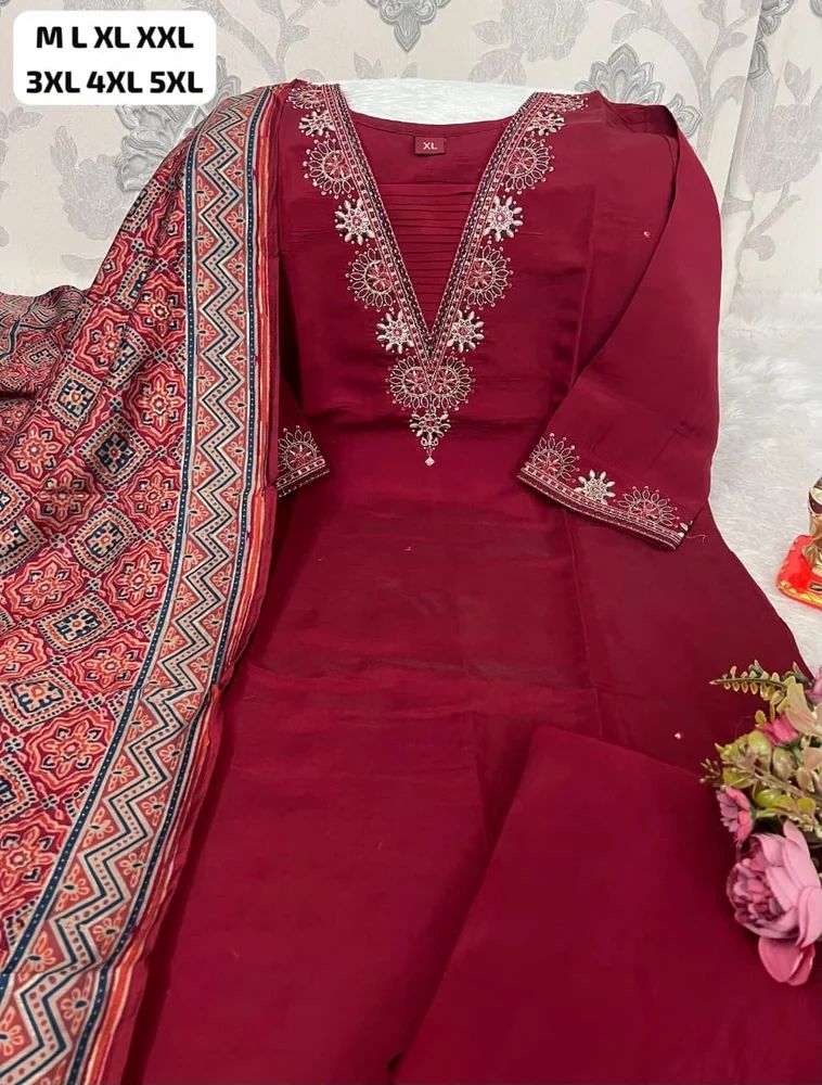 beautiful embroidery work cotton kurti with pant and dupatta