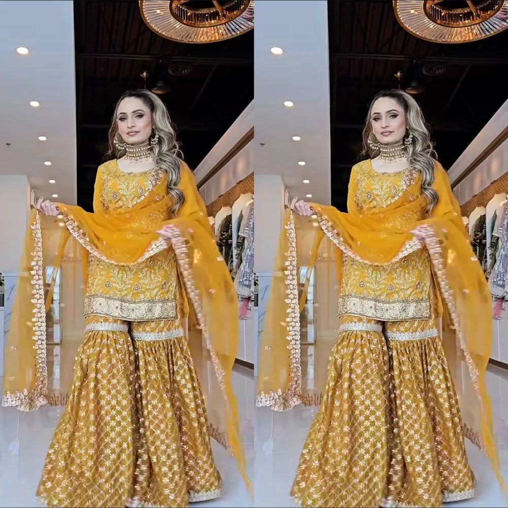 Heavy Chinon Silk Embroidered Sharara Suit With Net Dupatta