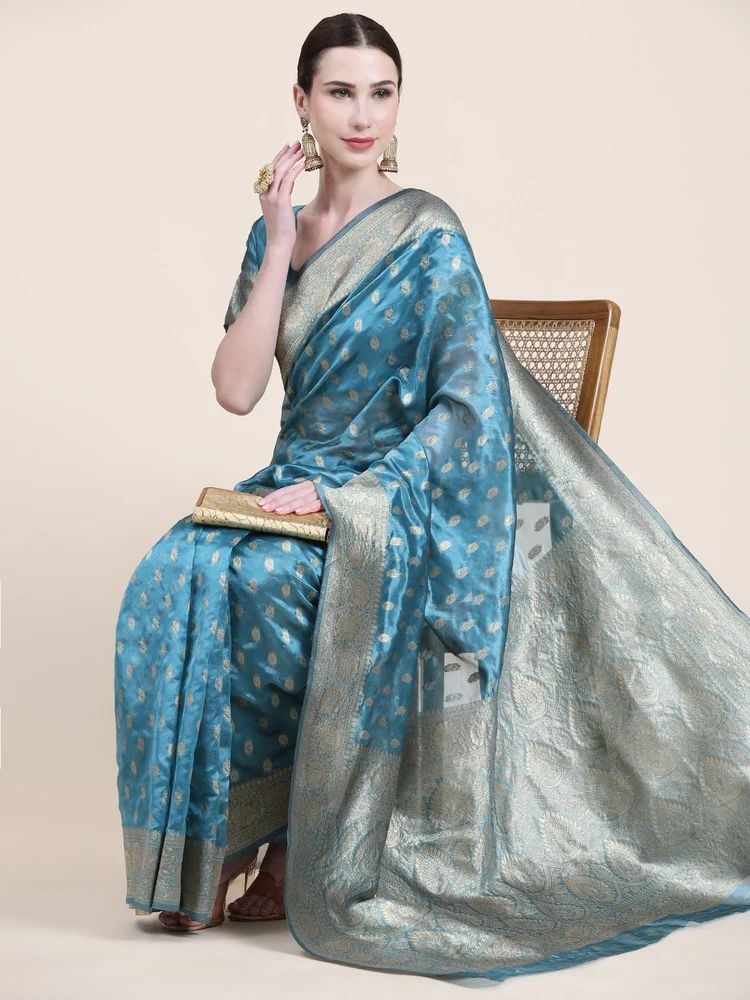 Ladies Motif Printed Sky Blue Kora Silk Saree