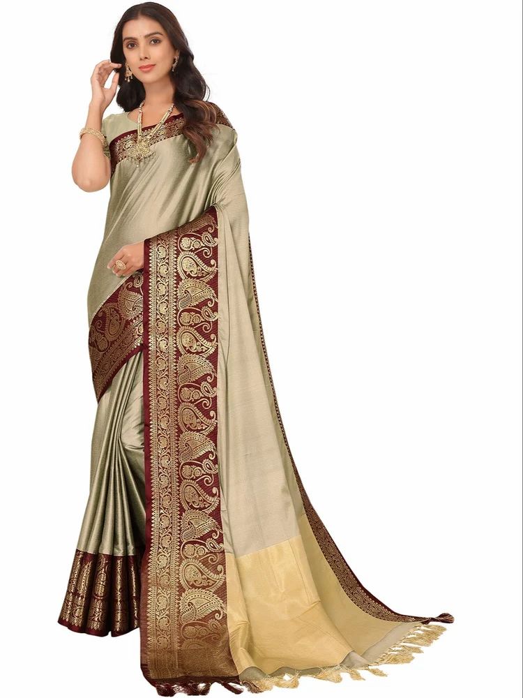 Banarasi Silk Blend Plain Solid Golden Zari Border Saree