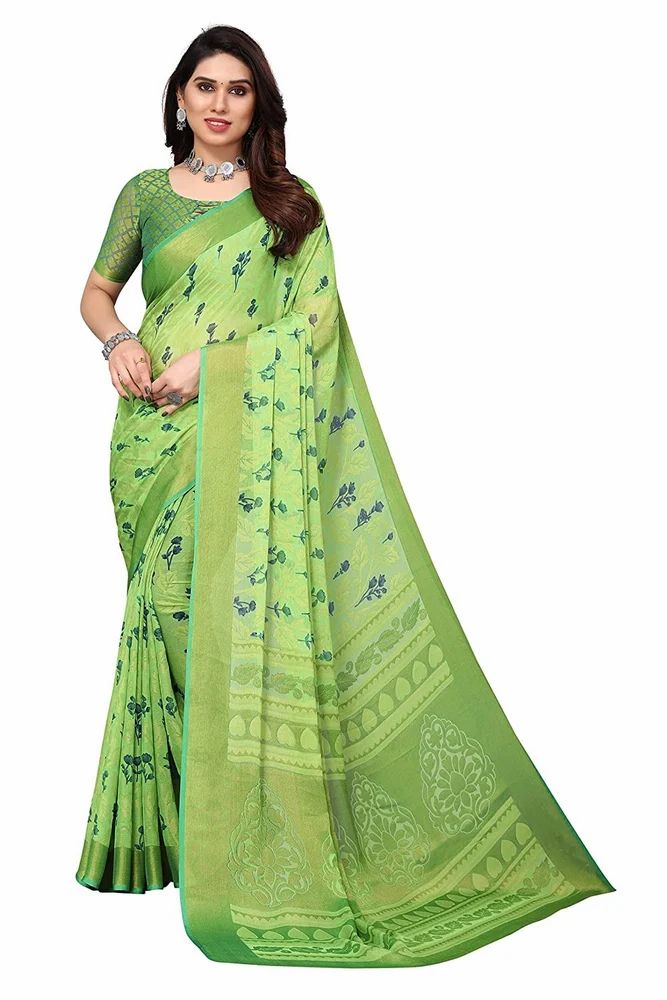 Leeza Store Gold Toned Floral Printed Soft Chiffon Brasso Saree With Ethnic Motifs On Pallu