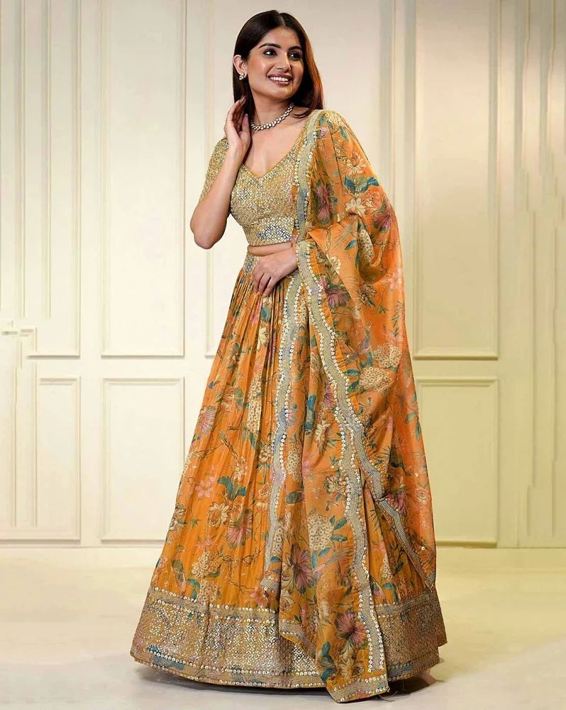 Orange Silk Digital Floral Print Sequence Embroidery Work Lehenga Choli Set