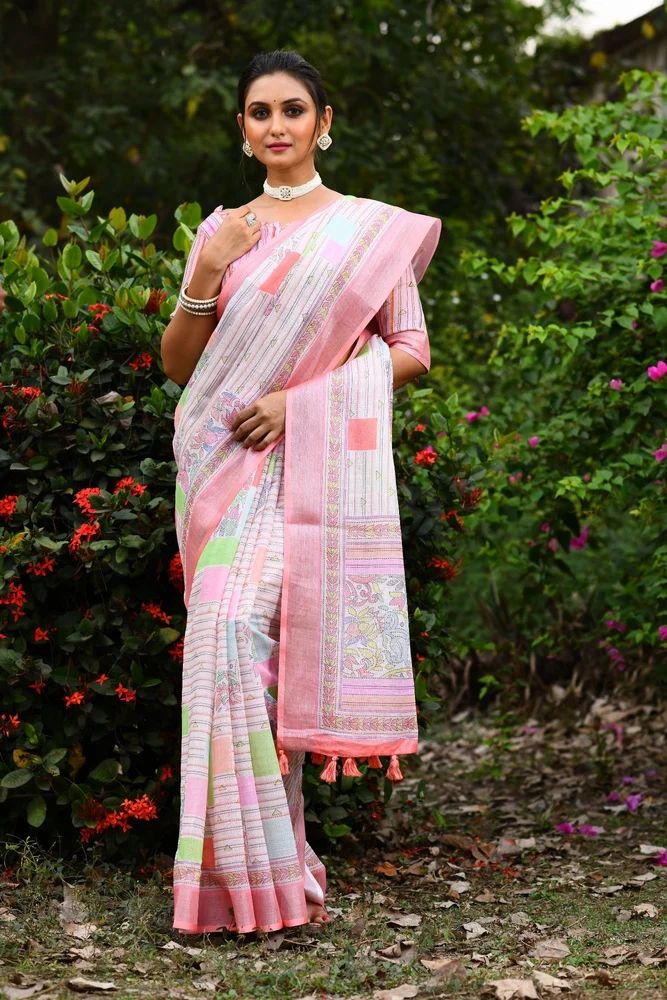 Ladies Pink Linen Saree