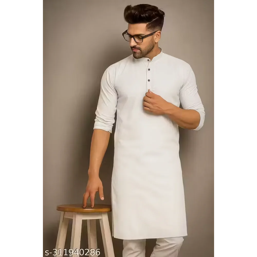 Men Pure White Cotton Blend Plain Kurta