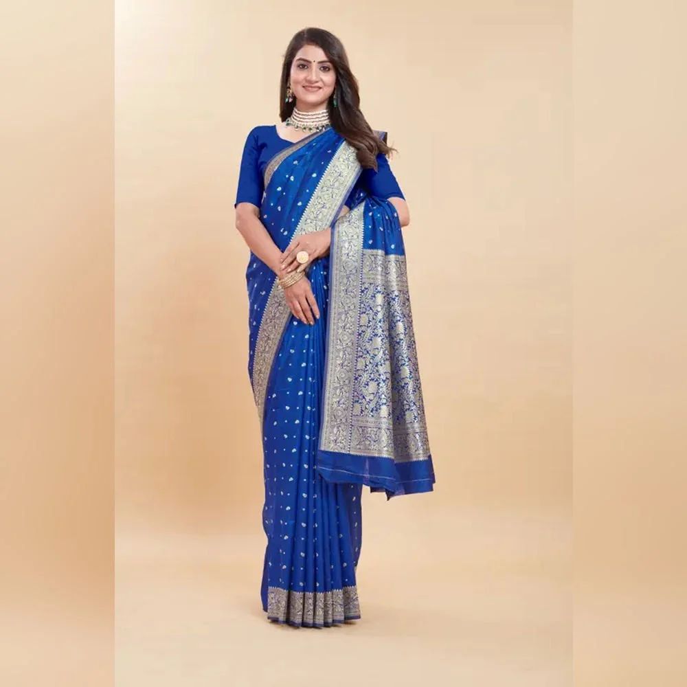 Ladies Silk Blue Printed Banarasi Saree