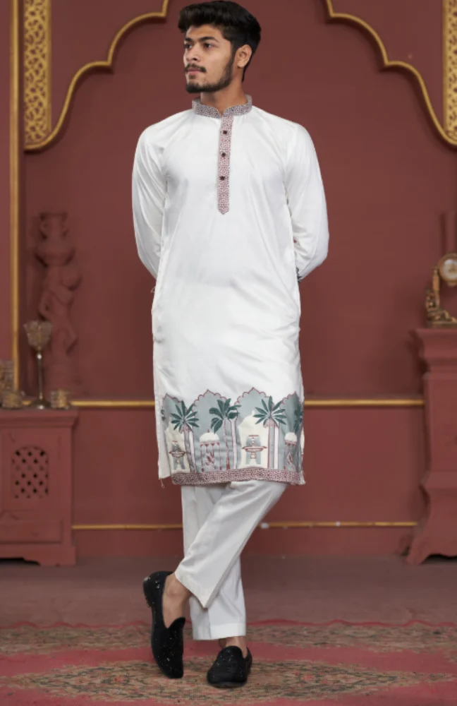 Off White Taj  Ethnic Men Cotton Kurta